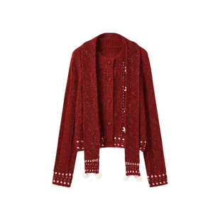 西町村屋韩系开衫女2025冬新款撞色花朵钩花外套含围巾XAAD10940