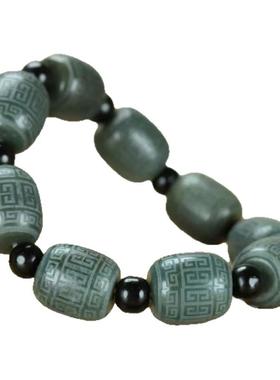 和田玉青玉回龙纹桶珠手串情侣款