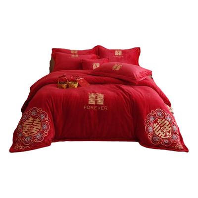 婚庆牛奶绒大红色结婚床品