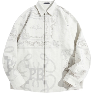 太平鸟男装 潮流口袋长袖衬衫男秋季老花外穿翻领休闲衬衣男