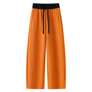 橘色烫钻弯刀裤子女2026新款春秋季慵懒松弛休闲裤加长运动裤卫裤