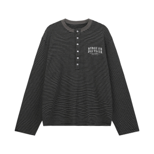 BIPOLAR亨利领条纹刺绣长袖T恤美式休闲宽松上衣百搭基础春夏新款