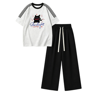 夏款休闲套装女夏2026新款插肩袖女装夏季初中生短袖阔腿裤两件套