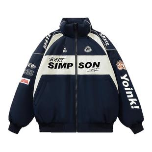 辛普森一家赛车羽绒服男士冬季新款青少年保暖冬装情侣机车外套女