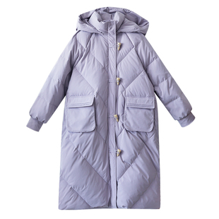 现货【舒适感】原创可拆卸连帽加厚羽绒服女冬款白鸭绒牛角扣外套