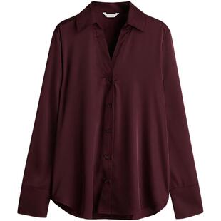 HM女装衬衫春季高智感V领光泽感长袖酒红色内搭缎面衬衫0939703
