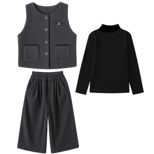 女童呢子套装秋冬装2026年新款中大儿童韩系小香风毛呢马甲三件套