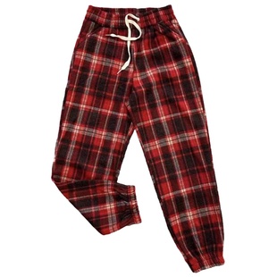 韩版加绒显瘦阔腿裤女高腰宽松束脚灯笼裤加厚格子裤柔软奶奶裤