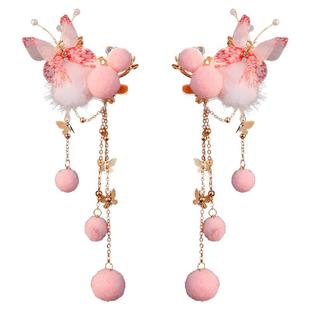 儿童粉色蝴蝶汉服头饰毛绒对夹古风可爱毛球侧边夹发夹古装配饰品