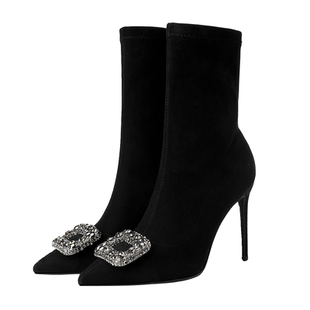 2026秋冬尖头高跟中筒瘦瘦靴水钻方扣弹力绒面女短靴今年流行靴子