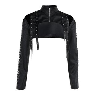 Wannathis朋克风摇滚铆钉短款PU皮罩衫辣妹黑色短外套音乐节上衣