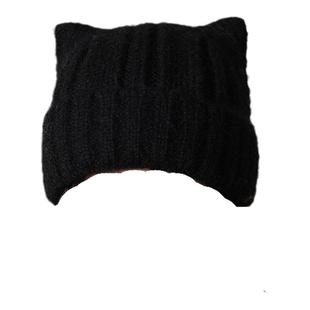 猫耳朵可爱毛线帽女秋冬季加厚包头护耳帽大头围百搭毛绒针织帽子