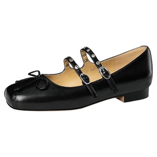 星期六复古芭蕾鞋女2025方头粗跟平底单鞋蝴蝶结双带浅口玛丽珍鞋