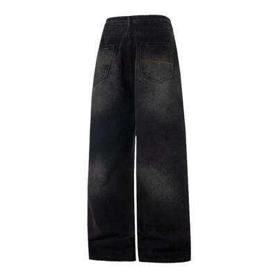 港仔文艺男做旧阔腿水洗牛仔裤男