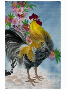 纯手绘四尺三开花鸟画公鸡
