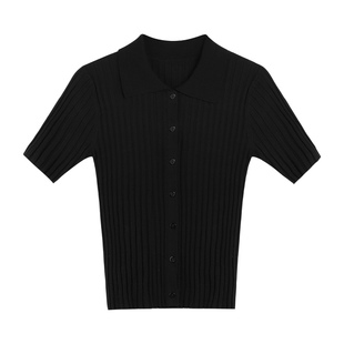 pusumede 白色polo领针织短袖开衫女夏季通勤薄款修身短款t恤上衣