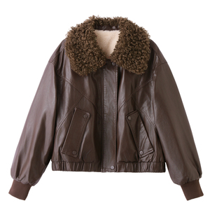 海宁皮毛一体真皮绵羊皮皮衣外套女爆款冬高端大码女装短款皮夹克