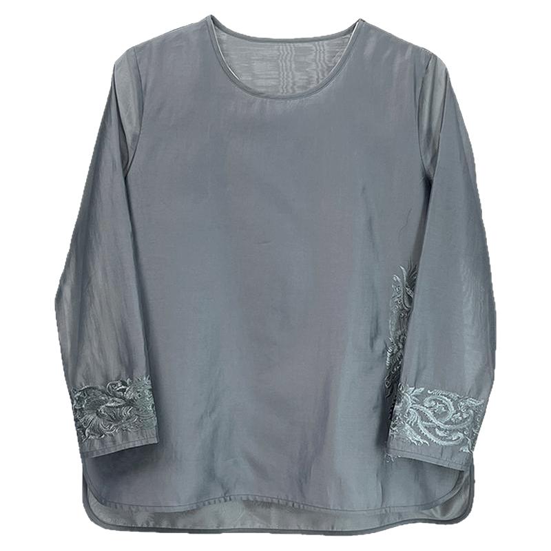新中式大码女装2025春季款时尚国风刺绣天丝衬衫宽松显瘦轻奢上衣