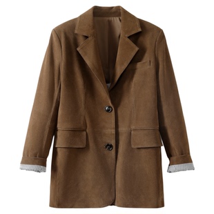 春秋复古美拉德真皮外套女休闲宽松中性进口反绒牛皮西装皮衣深棕