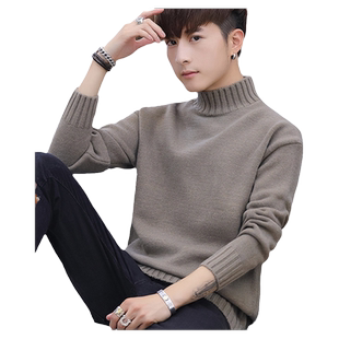 冬季半高领毛衣男青少年中领加绒加厚初中高中学生保暖打底针织衫