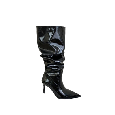 欧美尖头堆堆靴子漆皮黑色长筒靴