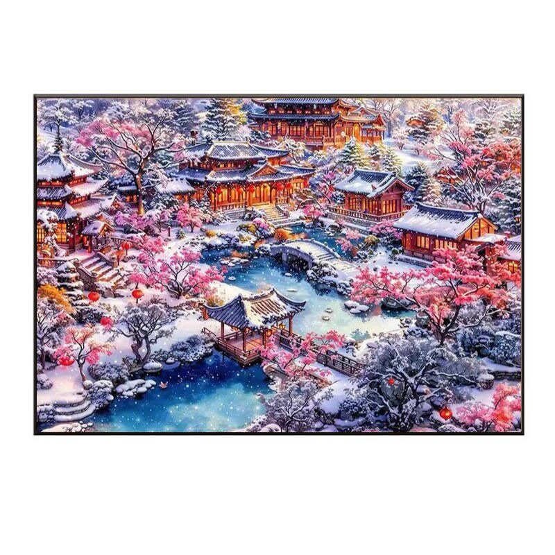 庭院梅花雪景钻石画方钻满钻古风建筑粘砖贴十字绣冬季风景钻石绣