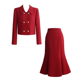 小香风红色毛呢套装女冬季新款超火高级感气质外套鱼尾半裙两件套