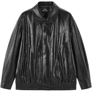 太平鸟黑色仿手搓油蜡皮PU皮衣外套女春装时尚宽松夹克