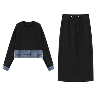 Basic House/百家好高级休闲套装洋气时尚减龄女秋拼接卫衣半身裙