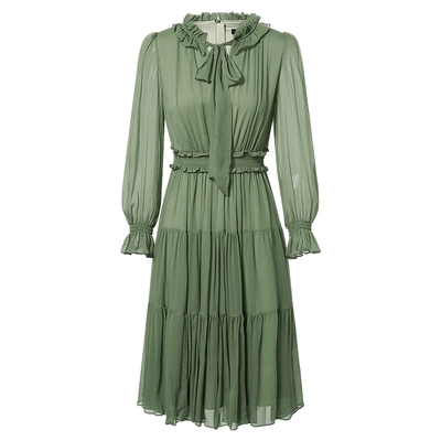 【桑蚕丝】La Koradior拉珂蒂女春季早新款气质花边领层叠洋装裙