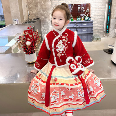 2023女童冬装加绒马面裙套装新款儿童中国风汉服裙加厚演出拜年服