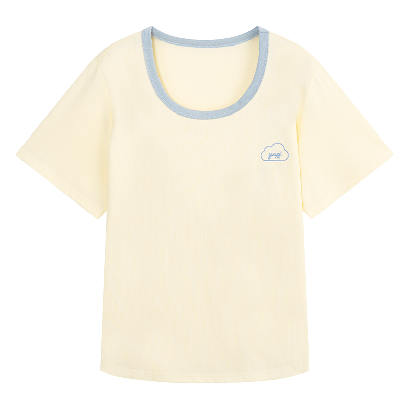 YUZI鱼子凉感吸汗T恤U领大码女装夏微胖mm正肩显瘦遮肉软糯短袖