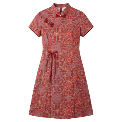 中式精致提花旗袍红色订婚裙子