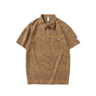 高级创意满印冰丝短袖polo衫男夏季潮牌新款上衣宽松大码休闲半袖