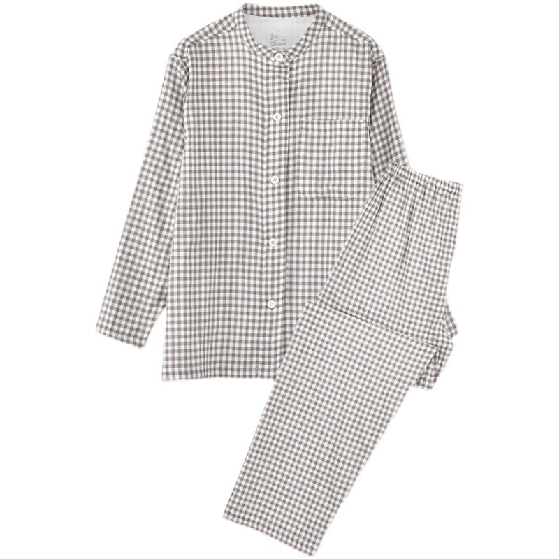 日式双层纱睡衣女专柜品质立领小格子无侧缝纯棉春秋新款居家服男