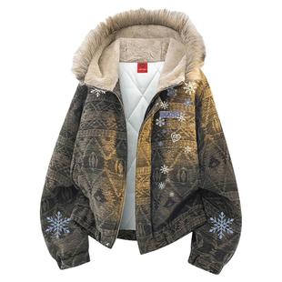 查尔斯桃心雪花印花毛领棉衣男连帽冬季新款潮牌保暖连帽棉服外套