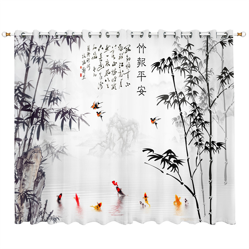 新中式窗帘山水墨画茶室客厅纱帘