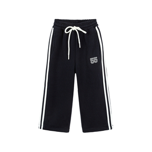 【亲子】柒号童仓女大童洋气条纹加绒运动裤冬装儿童休闲阔腿裤子