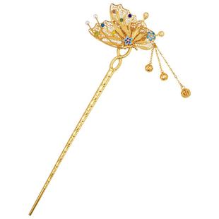 蝴蝶银鎏金发簪非遗花丝珐琅彩镂空流苏新中式古风簪子一字簪步摇