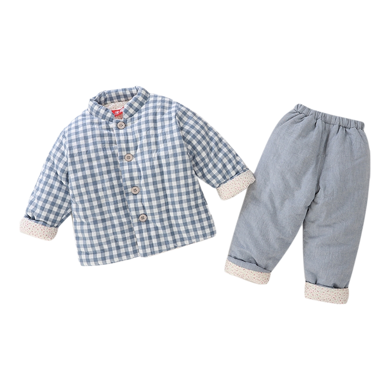宝宝手工棉衣套装加厚男女童棉花棉袄棉裤两件套套校服格子棉内胆