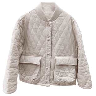 雨露汉麻 女士复古宽松菱格纹短款棉服 立领盘加厚棉袄时尚外套