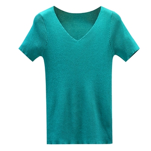 加大码冰丝针织短袖t恤女夏季薄款胖mm200斤V领宽松半袖短款上衣