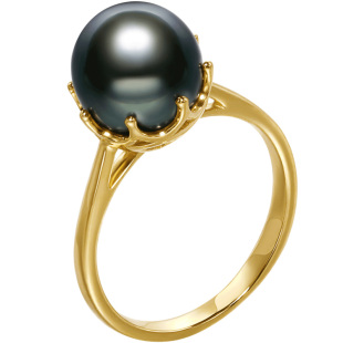 海蒂珠宝 灵影 8-9mm大溪地黑珍珠戒指女 黄18K金指环正品礼物