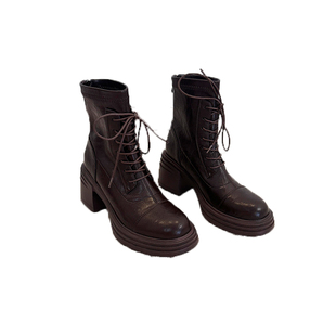 羊皮版~内增高马丁靴女2025新款秋棕色短靴小个子高跟英伦风靴子