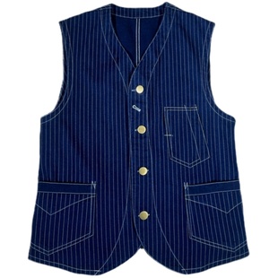 经典重磅撞色复古蓝条纹西装工装剪裁马甲背心非Freewheelers