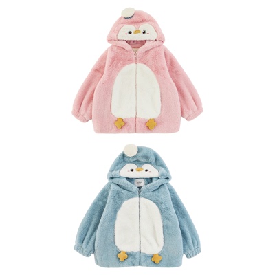 幼悠女童2025冬季新款企鹅连帽毛绒外套加绒加厚防风保暖儿童冬装