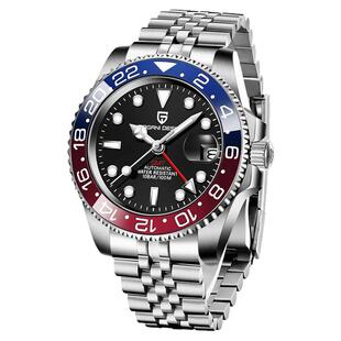 伯佳尼时尚全自动机械手表男GMT两地时精钢防水夜光日历腕表 1662