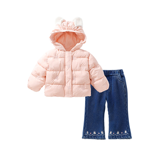 女童棉服外套冬装牛仔裤套洋气儿童防风衣服冬天宝宝连帽上衣冬季