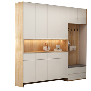 简约现代经济型人造板入户玄关鞋柜一体柜玻璃门灯带实木定制家具