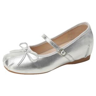 软羊皮~银色内增高芭蕾单鞋女2025新款蝴蝶结小皮鞋平底玛丽珍鞋